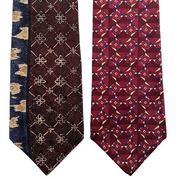 Vintage Bellagio Mens Silk Neckties Art Deco Abstract Geometric Burgundy Blue - Picture 2 of 5